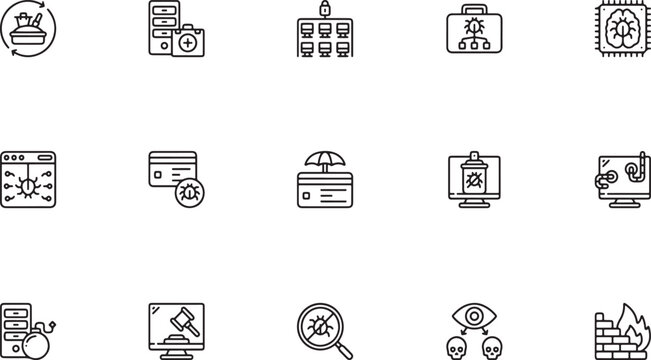 Information security and data protection outline vector icon collection featuring server networks credit card theft malware detection and spyware alerts