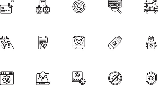 Cybersecurity and digital hacking outline vector icon set featuring computer botnets targeted users keyloggers infected files and malicious usb drives