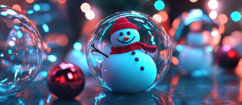 Snowman inside a glass globe surrounded by festive holiday ornaments and lights.