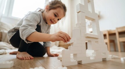 Obraz premium Little girl playing with building blocks
