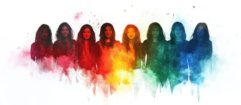 Vibrant illustration of seven women standing together in a colorful, rainbow-lit setting.