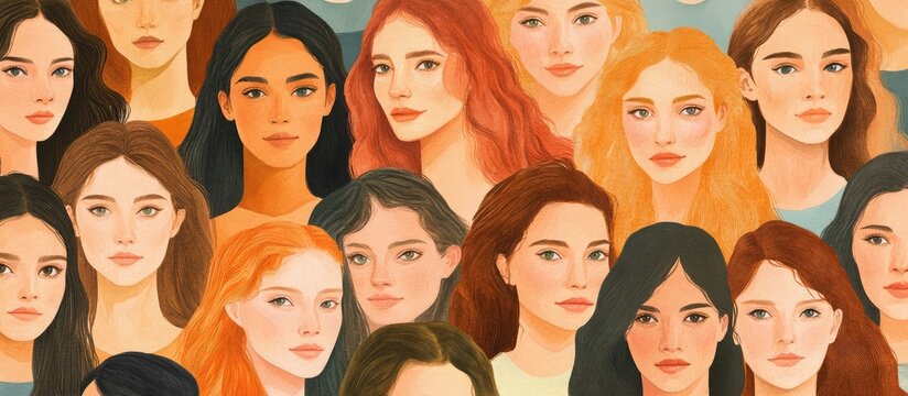 A diverse group of women with different hair colors and styles are gathered together in a close-up view.