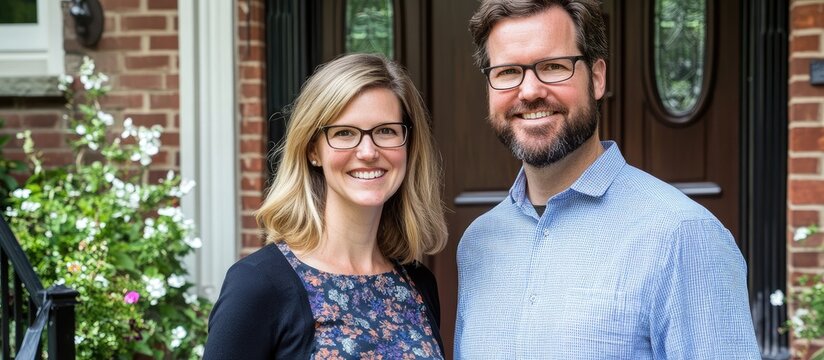 Couple standing together smiling in front of their home entrance door