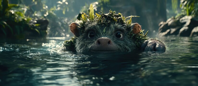 A large animal swims in a body of water surrounded by lush greenery and rocks.