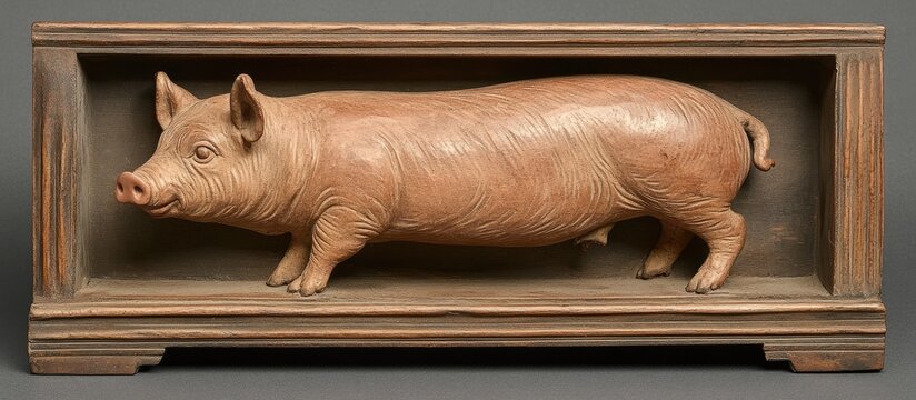 A sculpture of a pig is displayed on a wooden shelf indoors.