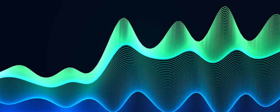 Wavy Upward Lines Glowing Blue Green Neon Futuristic Style. Financial Growth Wave Flow. Digital Market Finance Statistic Stock Profit Graphic. Economic Forum Abstract Background. Vector Backdrop