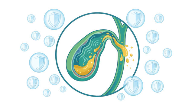Gallbladder health concept with bile secretion and protective shield icons for digestive system medical education
