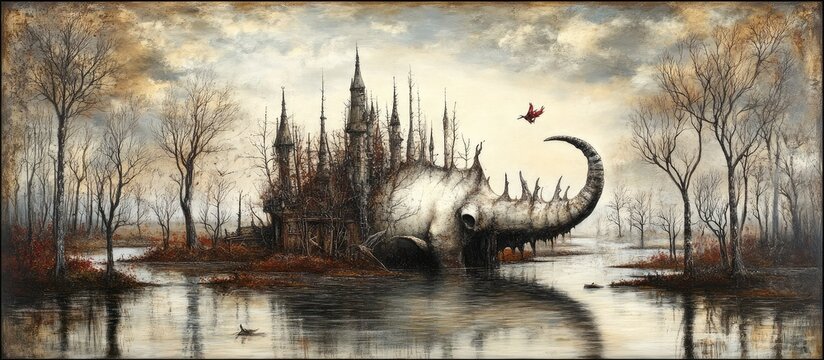 A serene lake scene with a castle, trees, and a dragon in a natural landscape.