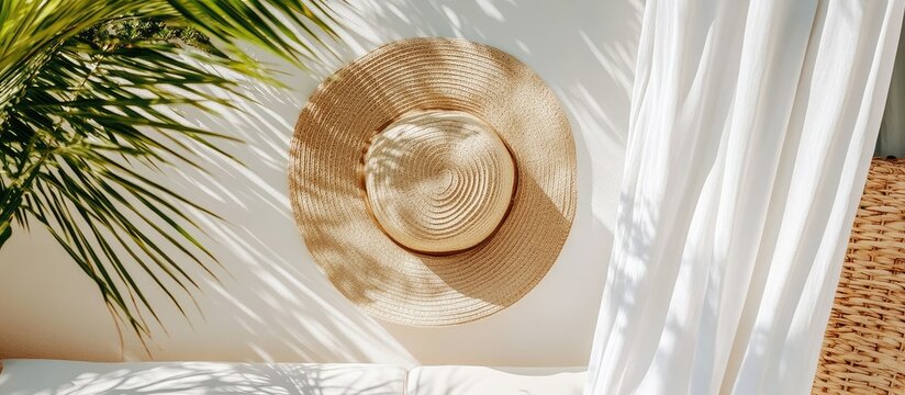 Sunlit summer hat rests on white surface beside palm leaves and curtain.
