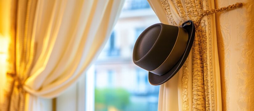 A stylish fedora hangs on a luxurious curtain near a window overlooking buildings.