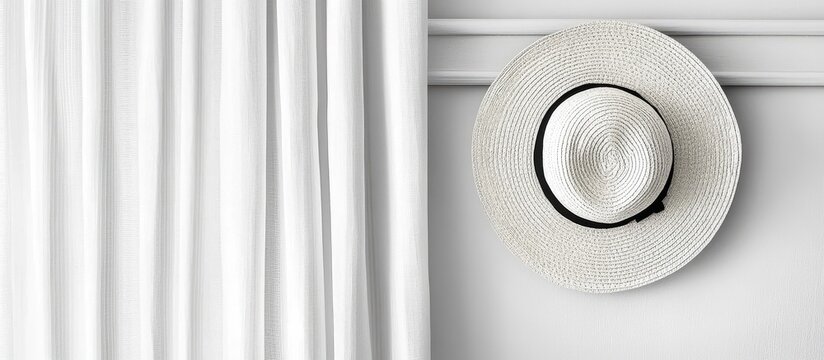 A stylish white hat hangs on a wall beside elegant white curtains.