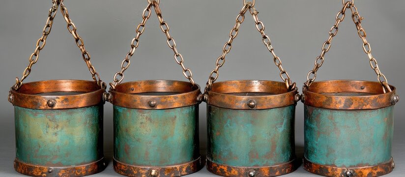 Four copper hanging planters with green patina are displayed on chains