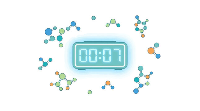 Digital alarm clock displaying time surrounded by colorful chemical molecular structures on a clean white background in a flat vector illustration style