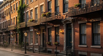 Obraz premium Warm sunlight illuminates charming historic row houses with ornate balconies on a quiet street.