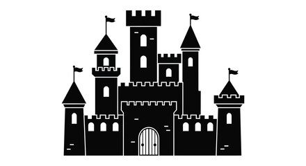 Medieval Castle Silhouette With Towers And Flags Black And White Silhouette © Morsheda