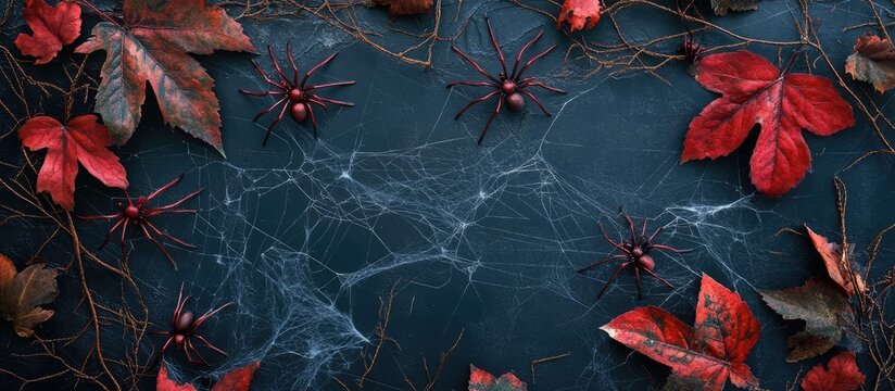 Spiders and red leaves with cobwebs on a dark surface with autumn foliage
