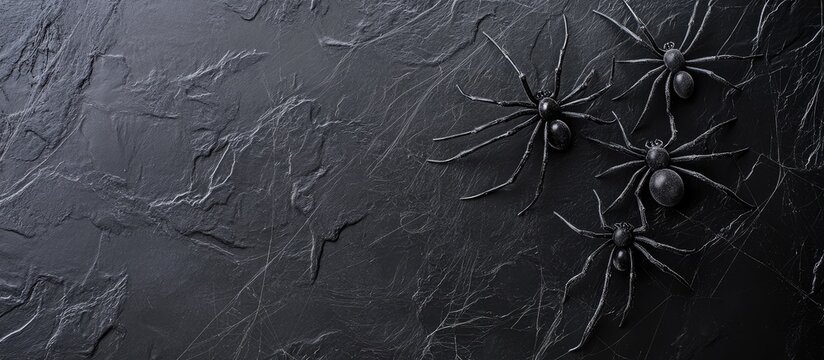 Three black spiders on a dark textured surface with cracks and lines