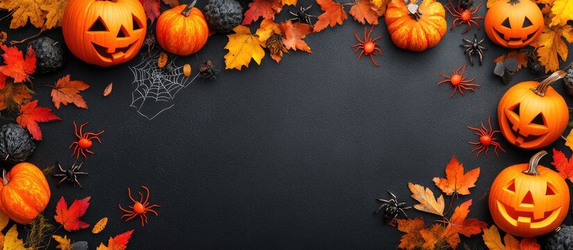 A festive Halloween scene with carved pumpkins, autumn leaves, and cobwebs on a dark background.