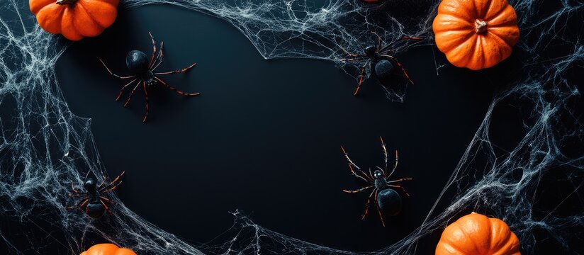 A spooky Halloween scene with pumpkins and spiders surrounded by cobwebs on a dark background.