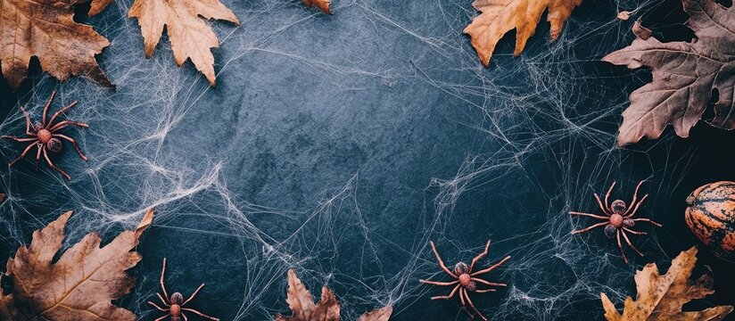 A spooky arrangement of spiders and orange leaves with cobwebs on a dark surface.