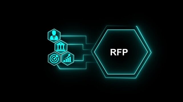 Futuristic AI Business Automation Rfp Network with Digital Workflow, Enterprise Management and Connected Data Icons 4k Animation..