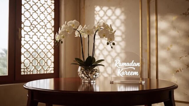 Elegant Ramadan Kareem greeting sign with orchids on wooden table