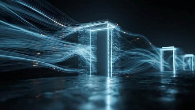 Flowing streams of protected data passing through glowing security gates in minimal digital space with soft cinematic lighting