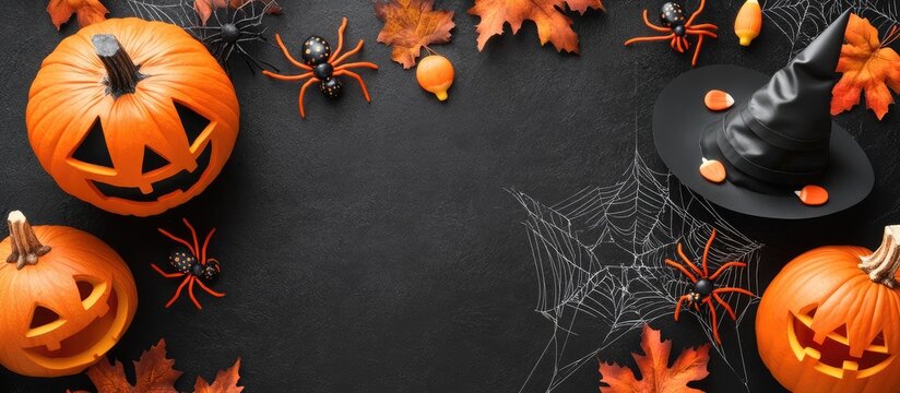Halloween decorations include carved pumpkins, a witch's hat, spider web, and autumn leaves on a dark background.