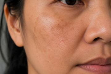 Naklejka premium Melasma on Asian Woman Cheek Close Up with Realistic Skin Texture