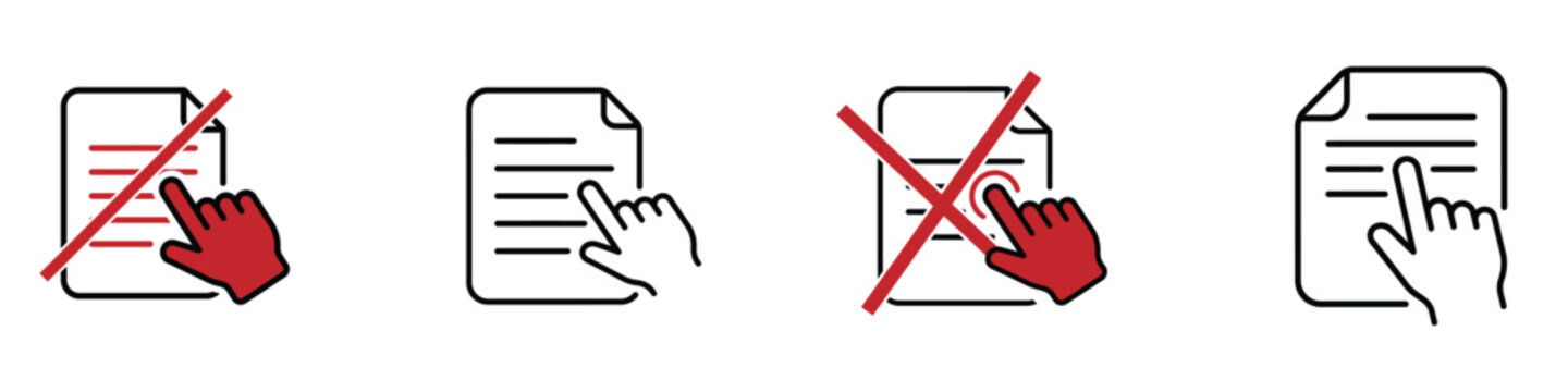Selection of document editing icons showing hand gestures touching files with different formatting styles and red correction marks for office administration project management or review tasks.