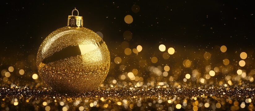 A shiny gold Christmas ornament sits on a bed of sparkling glitter against a dark background with scattered lights.