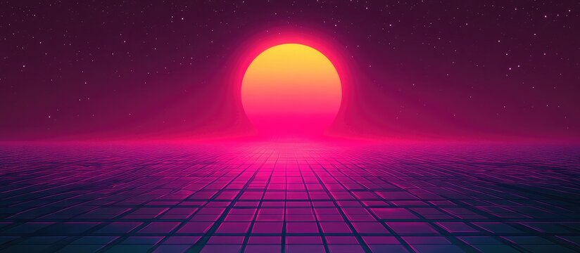 Neon sunset glows brightly on futuristic grid floor landscape