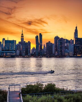 Golden Sunset Over the Manhattan Skyline and Hudson River