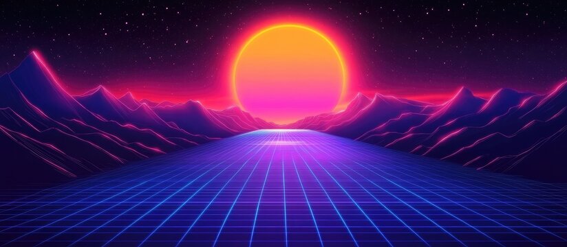 Neon sunset appears over futuristic grid landscape with mountains