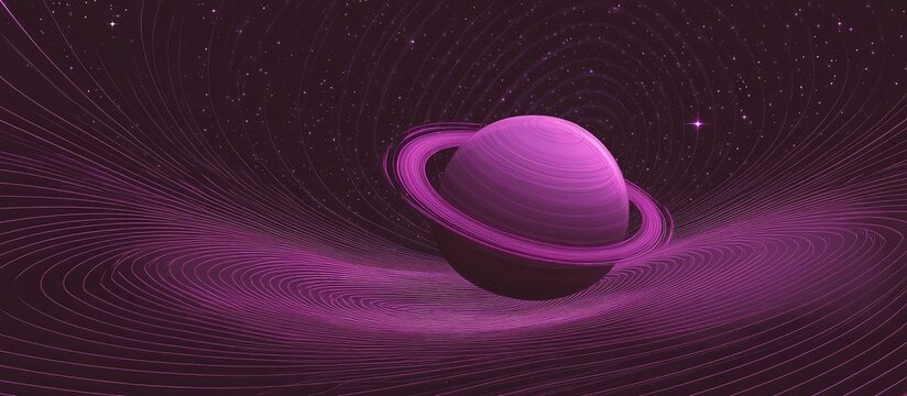 The purple planet Saturn floats in space with glowing rings and a dark background.