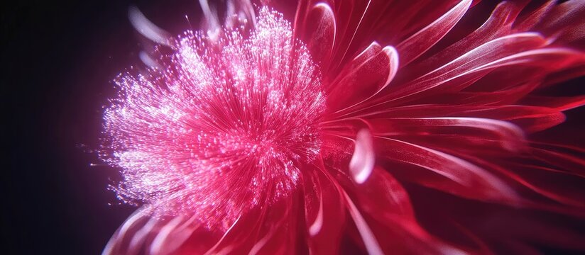 A vibrant pink flower blooms in the dark, showcasing its delicate petals and soft texture up close.