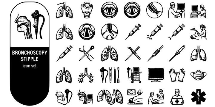 Bronchoscopy Procedure Stipple Black White-Scope Vocal Cord Lavage Airway-Procedure Vector-Scope Icon Stipple-ICU Pulmonary Design Set