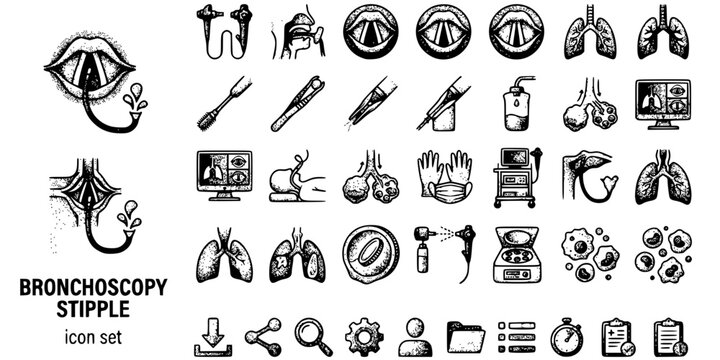 Bronchoscopy Procedure Stipple Black White-Scope Vocal Cord Lavage Airway-Procedure Vector-Scope Icon Stipple-ICU Pulmonary Design Set