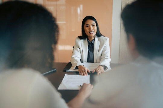 Female financial advisor explaining agreement deed to business partner in office meeting