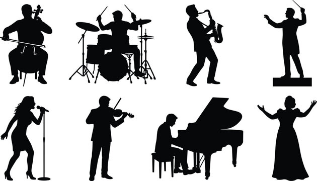 Silhouette icons of musicians and performers playing instruments and singing in diverse musical roles