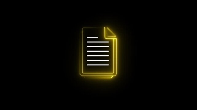 Stack of white documents with yellow corner pages filled with written lines and thick outline glowing paperwork animation. 4k Animation Video..