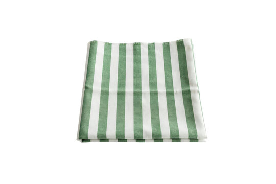 A square piece of folded fabric featuring a repeating pattern of vertical green and white stripes, presented on a clean white background, isolated