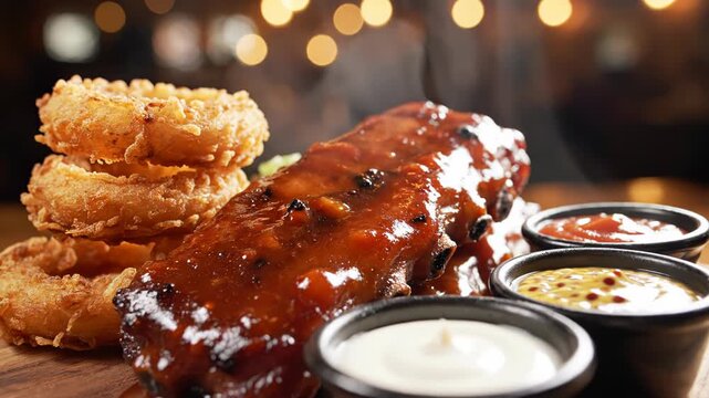 Sticky glazed BBQ pork spare ribs presented on a wood platter with a side of golden onion rings and small bowls of mayonnaise, mustard, and tomato dipping sauces.