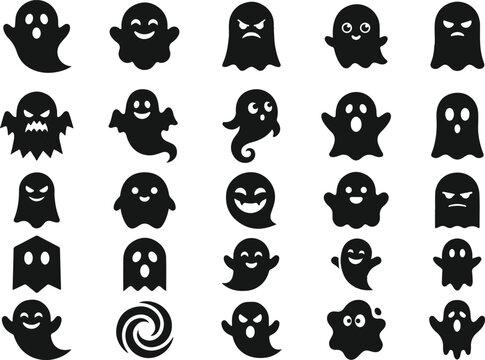 Silhouette of various ghost faces collection isolated on transparent background