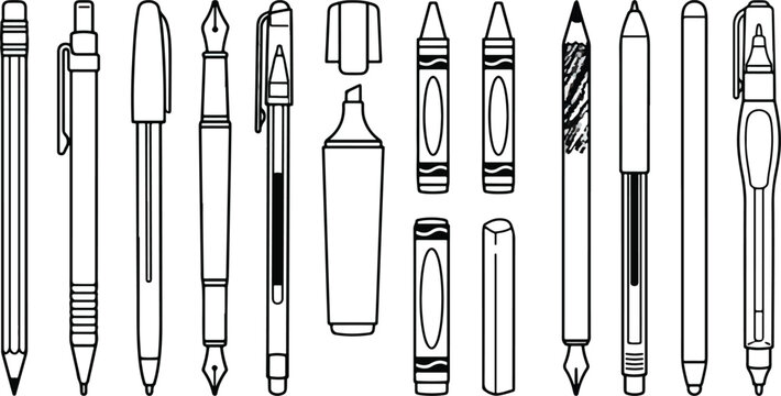 Variety of writing instruments collection pens pencils and markers line art