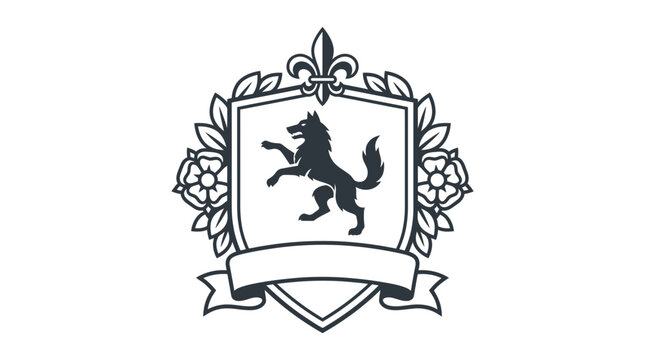 Wolf rampant heraldic crest with fleur-de-lis and floral elements.