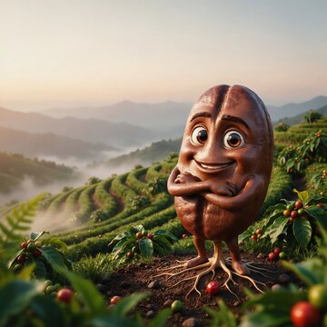 Funny coffee bean character standing in a lush green mountainous plantation with character plantation mountains agriculture