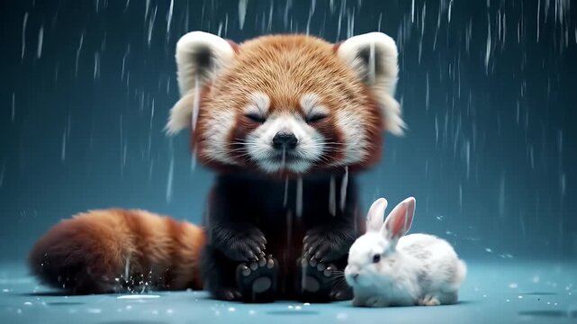 A red panda and a rabbit sit in the rain.