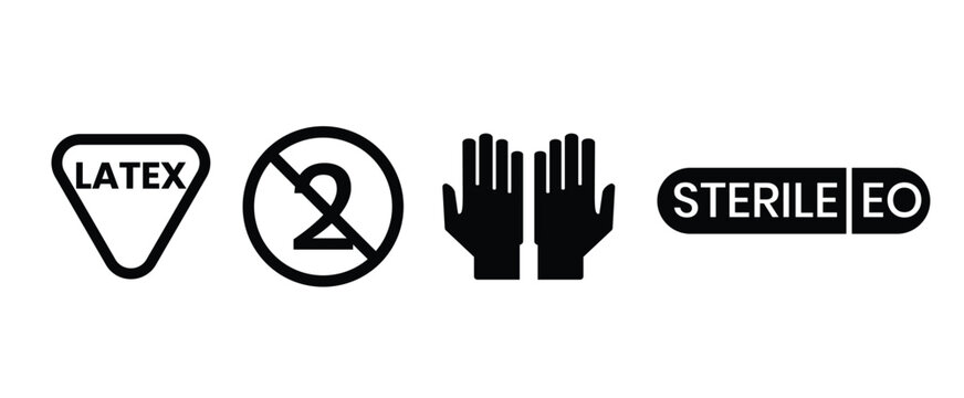Medical Packaging Symbols Vector Set | Latex Free, Single Use, Sterile EO and Protective Gloves Icons