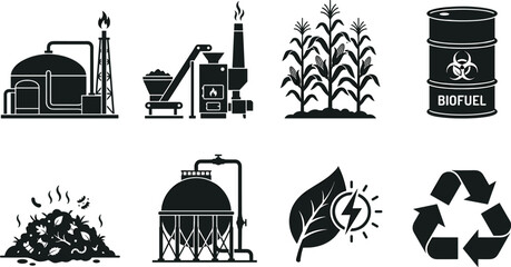 Fototapeta premium Renewable energy and sustainability icons set with biogas, biomass, biofuel, compost, recycling, and green power illustration